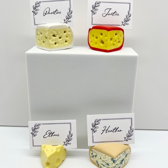 Cheese Place Card Holders - Set of 4 - Handmade Clay Brie, Gouda, Swiss, Blue - Picture 2 of 16